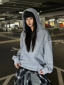 FRIFUL Sweatshirt Berkerudung Kasual Serbaguna untuk Pemakaian Sehari-hari Wanita Warna Polos - Grey - View 5