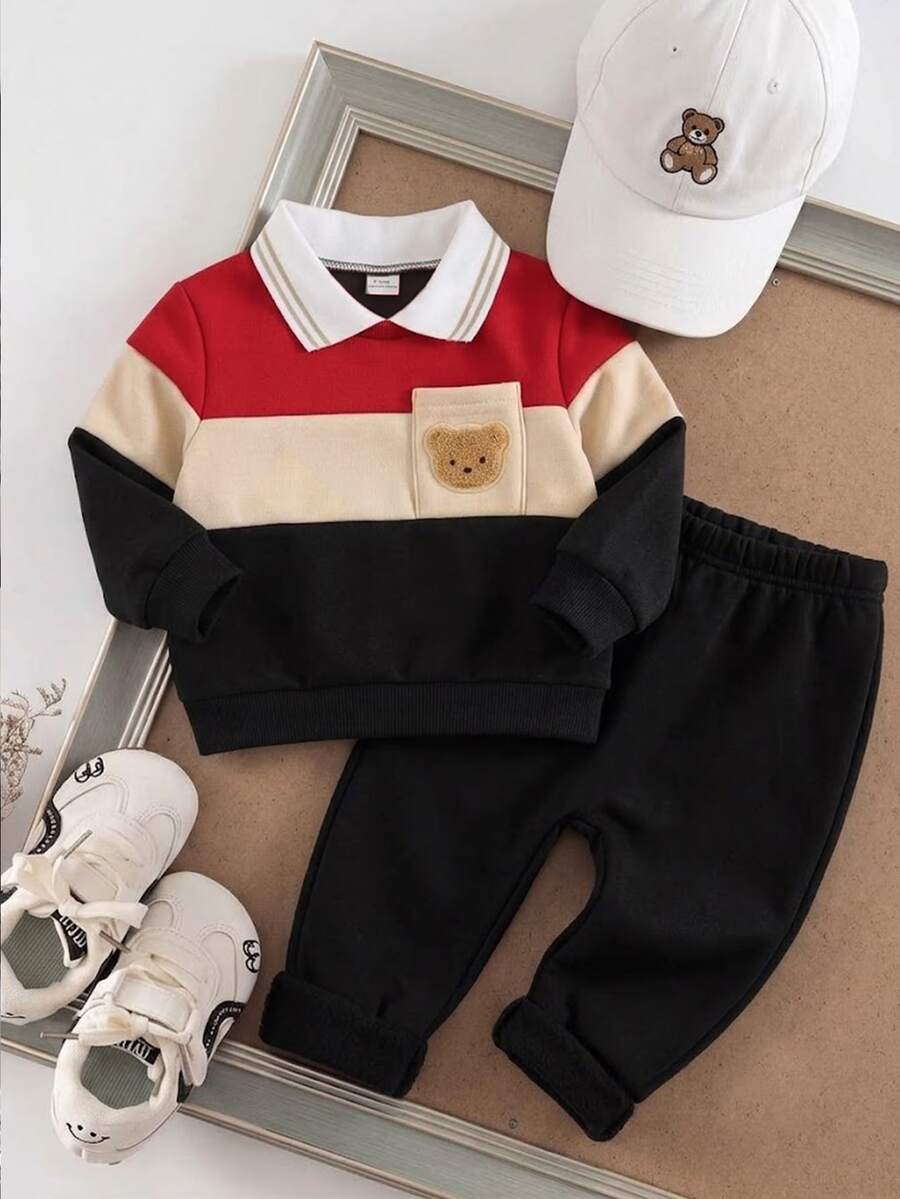SHEIN 2件組 幼兒男童 Polo 衫長褲套裝 學院風 紅色米色黑色 針織長袖 寬鬆版型 拼接設計 舒適保暖 秋冬日常 兒童男童 假期冬季 可愛甜美 - 紅色 - 查看 1