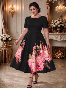 Rometta Plus Size Women's Elegant Romantic Printed Round Neck Puff Sleeve Cinched Waist A-Line Dress, Summer Essential, Suitable For Dating, Vacation - Black - View 7