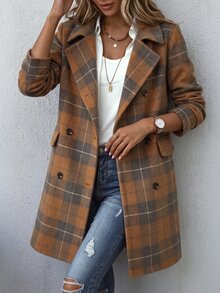 Holdful Holdful Winter Clothes Women's Brown Grey Plaid Wool Blend Coat, Notched Collar, Double Breasted Button - Multicolor - View 7