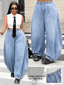 Slaydiva Plus Size Women's Elastic Waist Casual Loose Wide Leg Denim Jeans - Black - View 6