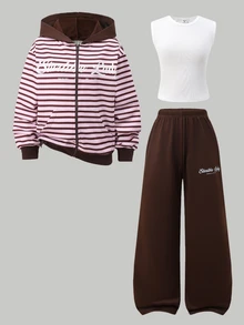 SHEIN 青少年女孩秋季套裝 3件/組圓領休閒上衣，含馬匹印花連帽拉鍊運動衫 - 棕色 - 查看 3