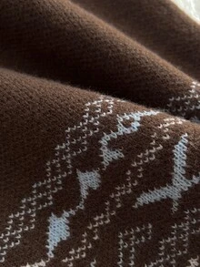 Dulcita Setelan 2 Potong Sweater Kerah Oversized Jacquard Fair Isle Cokelat Musim Gugur/Dingin - MultiWarna - View 6