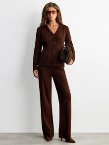 SHEIN Women Button Front Long Sleeve Cardigan Button Sleeve And Sweater Pant 2pcs Set Co-Ords - Brown - View 2
