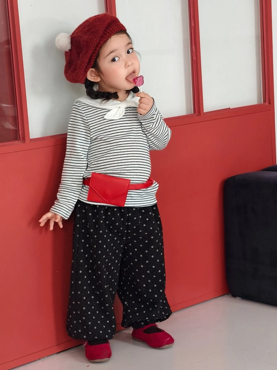 Dazy Kids Atasan Lengan Panjang Bergaris dengan Pita untuk Bayi Perempuan - Hitam dan Putih - View 1