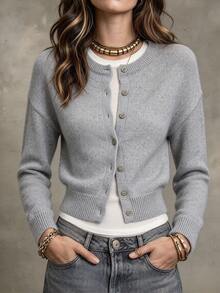 SHEIN PariChic Women's Round Neck Cable Knit Shell Cardigan, Casual Light Gray Solid Color Sweater Jacket, Autumn/Winter Top - Light Grey - View 5