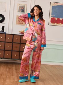 Chillnights Leopard & Parrot Colorblock Satin Women's Pajama Set - Multicolor - View 6