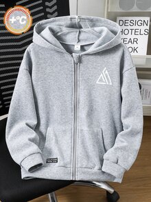 SHEIN 青少年男孩極簡街頭風字母印花拉鍊連帽冬款運動衫，休閒舒適柔軟面料 - 灰色 - 查看 4