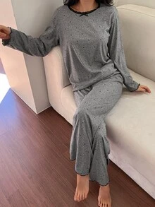 DAZY Women's Bow Decor Polka Dot Print Long Sleeve Top And Pants Pajama Set - Grey - View 4