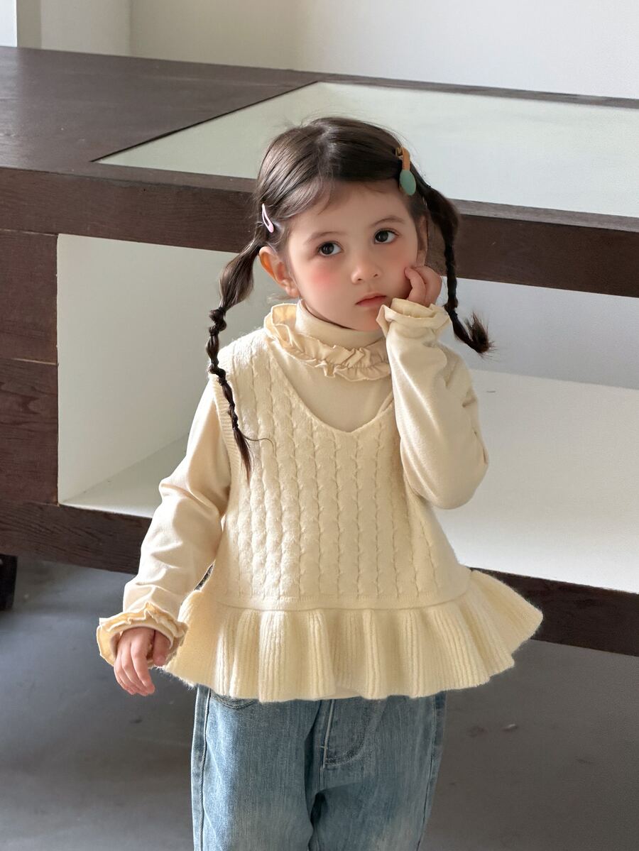 Dazy Kids Infant/Toddler (Girl) V-Neck Ruffle Trim Sleeveless Layered Sweater - Apricot - View 1