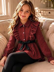SHEIN Vintaside Kids 女童格紋梭織布長袖襯衫洋裝，附荷葉邊飾邊、腰帶與內搭褲套裝 - 紅色 - 查看 1