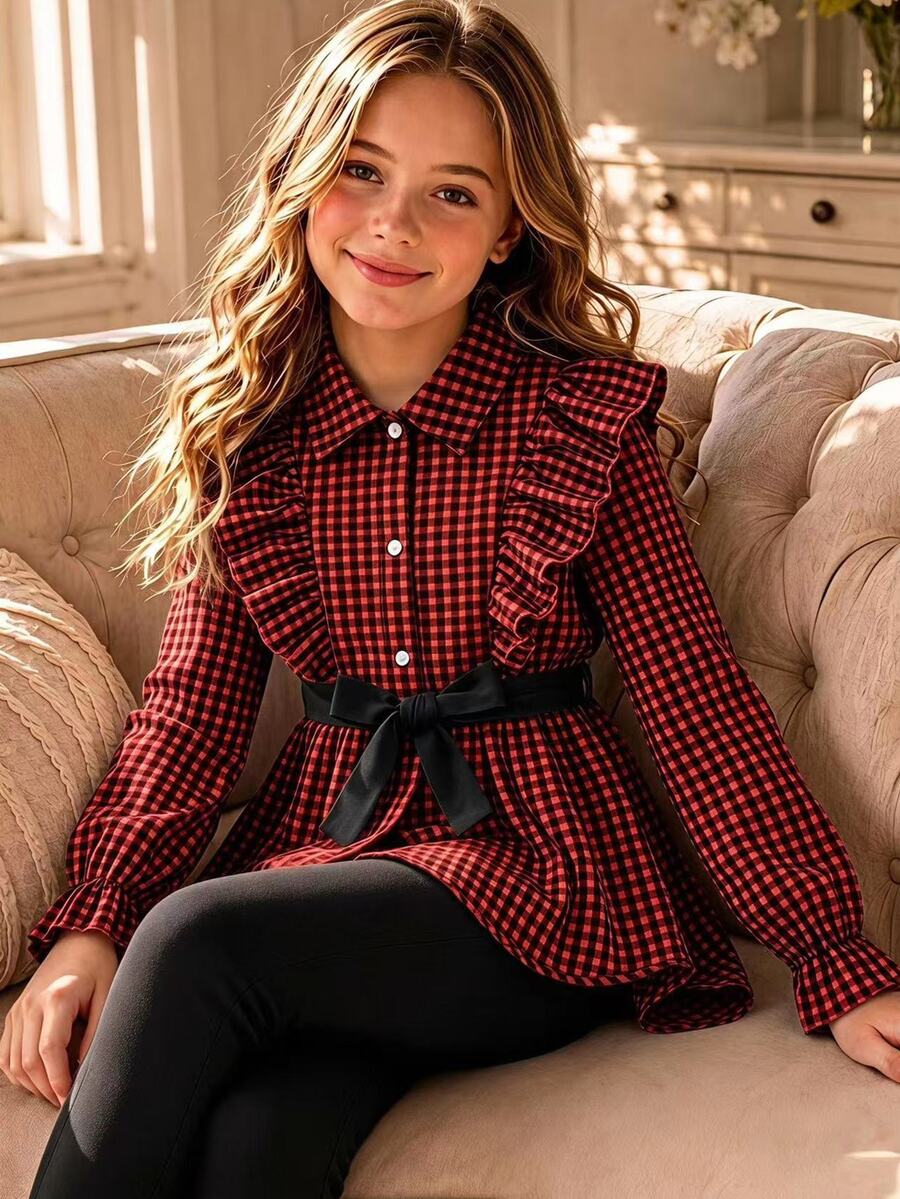 SHEIN Vintaside Kids 女童格紋梭織布長袖襯衫洋裝,附荷葉邊飾邊、腰帶與內搭褲套裝 - 紅色 - 查看 1