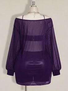 SHEIN ICON 大尺碼 Y2K 復古龐克印花透視網紗高開衩迷你洋裝哥德風圖案印花長袖洋裝秋季哥德上衣 - 紫色 - 查看 2