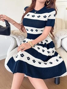 Feyla Women's Jacquard Colorblock Short Sleeve Waist-Cinching Knit Dress - Navy Blue - View 6