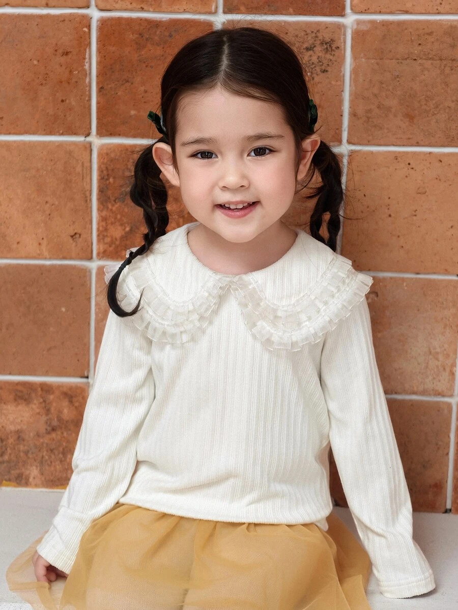 Dazy Kids Infant/Toddler (Girl) Peter Pan Collar Korean Style Long Sleeve Autumn/Winter Cute Versatile Solid Color Top - Apricot - View 1