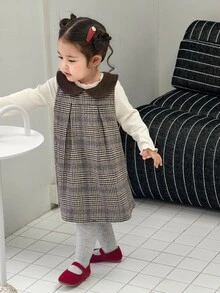 Dazy Kids Infant/Toddler (Girl) Korean Style Plaid Peter Pan Collar Dress - Khaki - View 3