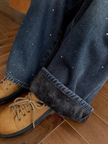 DAZY Quần jeans denim nữ ống suông rộng đính đá phong cách thường ngày - Rửa trung bình - Xem 7