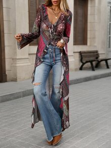 Brillora 女款全印花網紗荷葉邊休閒百搭日常上衣，時尚V領長袖半透視優雅綁帶上衣，秋冬款 - 彩色 - 查看 5