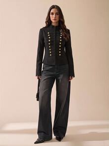 SHEIN Tall جاكيت نابليون كاجوال يومي بلون موحد للنساء - الأسود - مشاهدة 5
