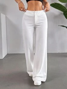 SHEIN EZwear 素色高腰喇叭直筒長褲 - 白色 - 查看 6
