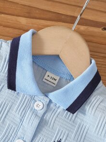 Souflis Souflis 男嬰海軍藍馬匹印花夏季提花 Polo 領短袖短褲兩件套 - 淺藍色 - 查看 7