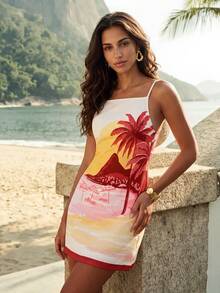 CAJUNI Women's Coconut Tree Pattern Casual Daily Summer Mini Dress - Multicolor - View 1