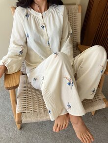 DAZY 2pcs Ditsy Floral Half-Button Loose Long Sleeve Top & Straight Leg Long Pants Women Pajama Set - Apricot - View 10