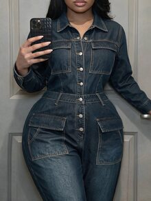 EMERY ROSE بدلة عمل من الجينز داكنة اللون للنساء مقاس كبير، ساق مستدقة مريحة، بدلة جينز بأزرار أمامية، غسيل داكن، عيد الميلاد، حفلة، حفلة موسيقية، أسلوب الشارع، Y2k - الأزرق - مشاهدة 4
