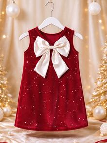 SHEIN Đầm bé gái tiệc Giáng Sinh sinh nhật, đính sequin, trang trí nơ lớn sau lưng, sát nách cổ tròn dáng chữ A, trắng đỏ, phong cách công chúa mùa thu đông - Đỏ - Xem 5