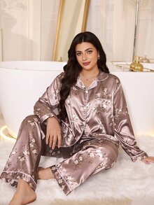 MuseNap CURVE Plus Size Faux Silk Floral Print Lapel Long Sleeve Long Pants Pajama Set - Multicolor - View 1