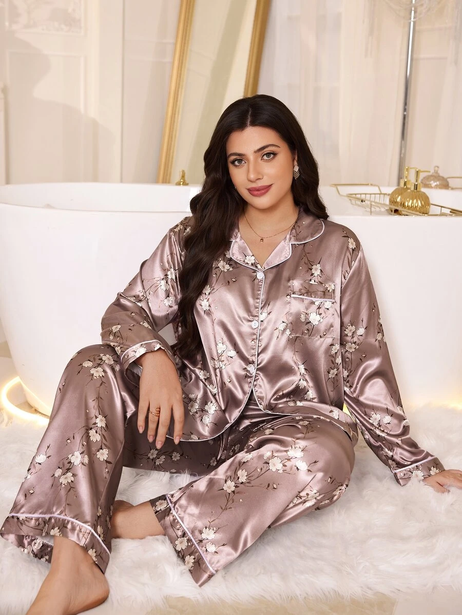 MuseNap CURVE Plus Size Faux Silk Floral Print Lapel Long Sleeve Long Pants Pajama Set - Multicolor - View 1