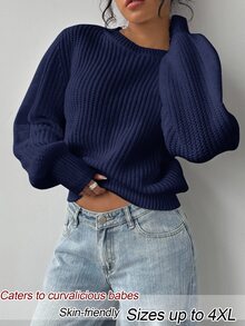 SHEIN BASICS 大尺碼女款純色圓領長袖休閒傳統毛衣，秋季正式教師風白色居家穿著 - 藏蓝色 - 查看 4