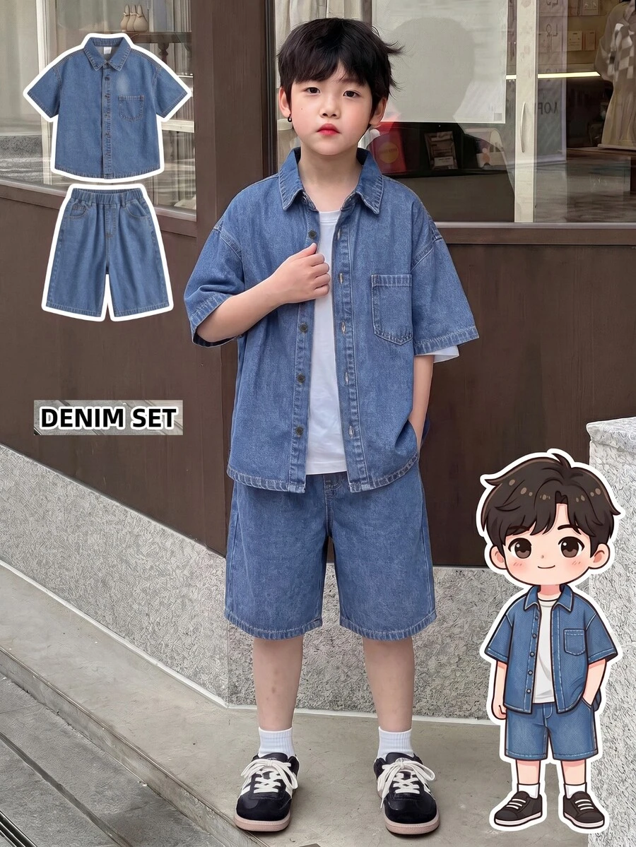 Boys' Dark Blue Denim Loose Shirt & Shorts 2-Piece Set - Blue - View 1