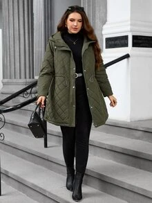 EMERY ROSE Plus Size Women's Hooded Zip-Up Snap Button Placket Drawstring Waist Slanted Pockets, Casual Quilted Long Sleeve Padded Coat, Autumn/Winter Apparel, Suitable For Christmas And Autumn Wear - Army Green - View 4