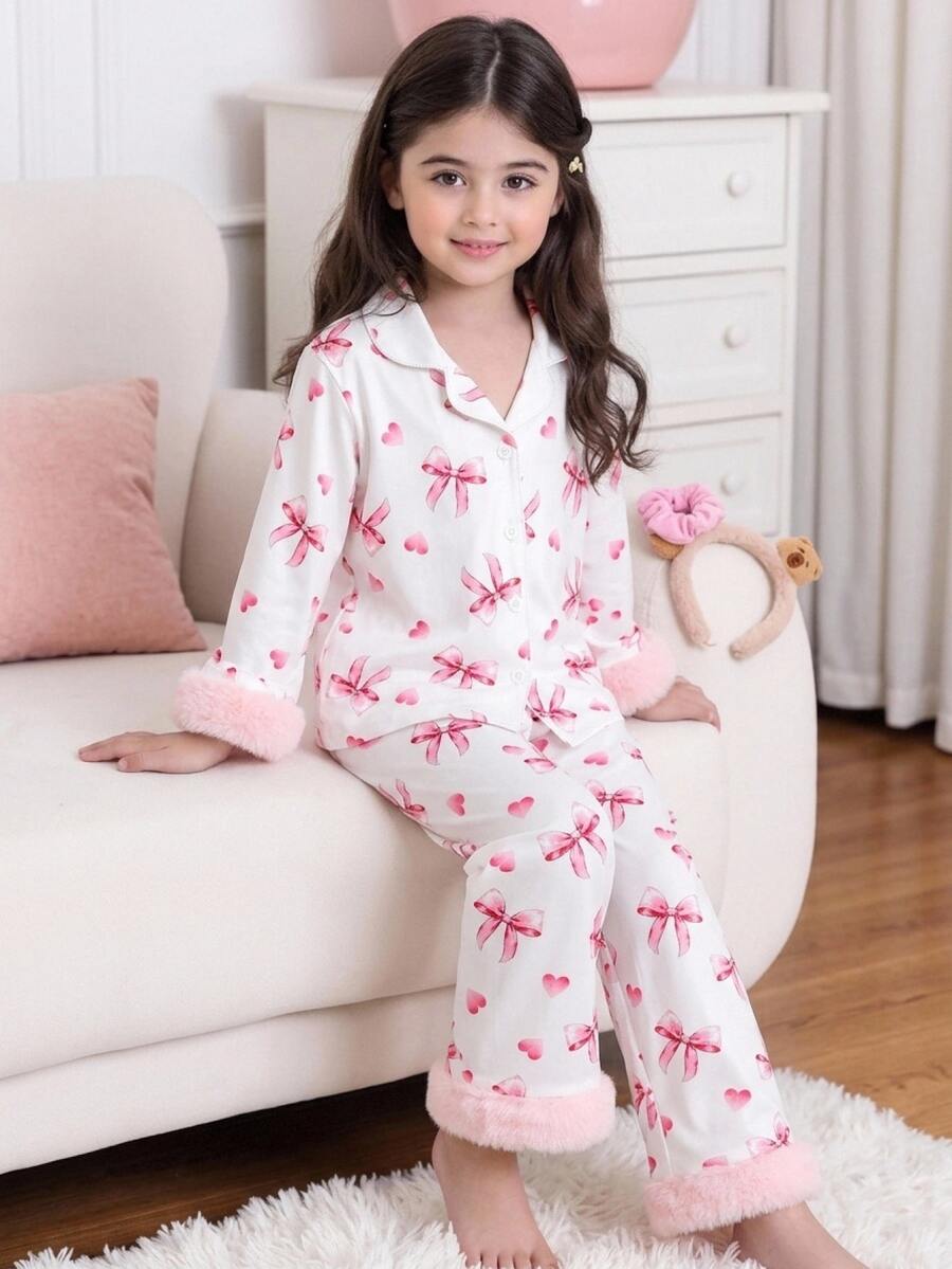 SHEIN 女童粉色睡衣家居服套裝 2件組 休閒度假派對百搭款 柔軟舒適 秋冬新款 - 粉色 - 查看 1