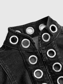 ROMWE Grunge Punk Street Punk Dark Grey Washed Cinched Waist Deconstructed Women's Denim Jacket - Dark Grey - View 3