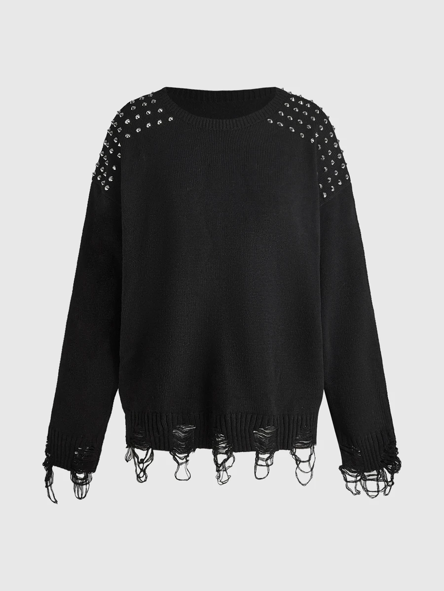 ROMWE Goth Rivet Shoulder Decor Black Ribbed Distressed Punk Women's Sweater - Black - View 1