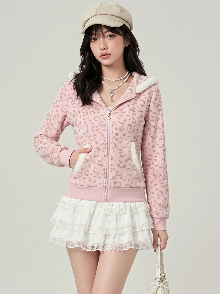 SHEIN 青少年女孩秋冬休閒街頭時尚甜酷雙面法蘭絨豹紋拼接撞色連帽拉鍊口袋加厚運動外套,適合返校與日常穿著 - 粉色 - 查看 1