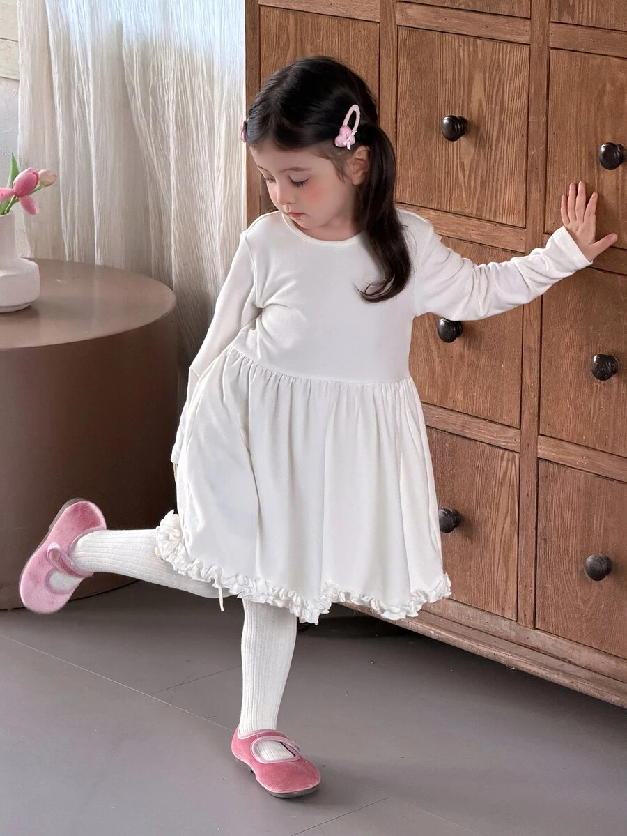 Dazy Kids Infant/Toddler (Girl) Round Neck Ruffle Trim Long Sleeve Comfortable Korean Style Versatile Top - Apricot - View 1