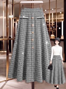 SHEIN Clasi تنورة أنيقة من التويد بقصة A-خط مقاس كبير مع أزرار زخرفية أمامية - متعدد الألوان - مشاهدة 1