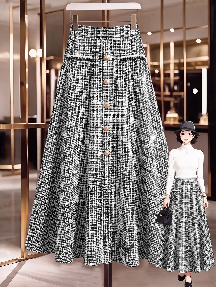 SHEIN Clasi تنورة أنيقة من التويد بقصة A-خط مقاس كبير مع أزرار زخرفية أمامية - متعدد الألوان - مشاهدة 1