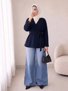 Solavon Plus Size Solid Color Long Sleeve Streetwear Sweater For Daily Wear - Navy Blue - View 7