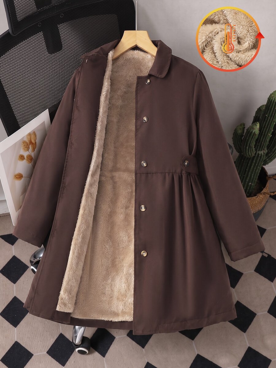 SHEIN 青少年女孩冬季抓絨連帽防風夾克外套,拉鍊開襟長袖,保暖內裡,收腰設計,經典寬鬆版型,米色,適合秋季 - 棕色 - 查看 1