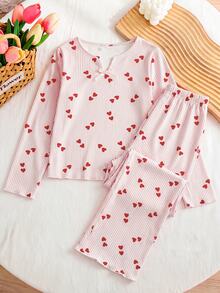 SHEIN Tween女孩櫻桃圖案V領長袖上衣與長褲睡衣套裝 Twee - 粉色 - 查看 5