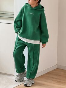 SHEIN Little Byeori 青少年男孩深灰色兒童風格寬鬆字母印花連帽衛衣與鬆緊腰長褲套裝，秋季街頭風，適合開學、戶外玩耍、派對 - 綠色 - 查看 4