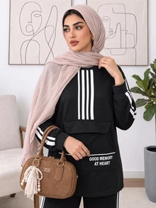 Solavon طقم قطعتين تي شيرت وبنطلون بأكمام طويلة مخطط وألوان متباينة مقاس كبير - الأسود - مشاهدة 4