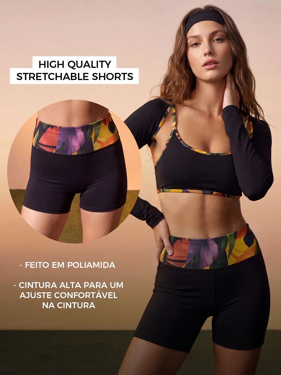 CAJUNI Women's High Waist Tropical Plant Print Fitted Athletic Shorts - Black - View 1