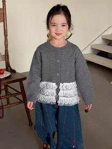Dazy Kids Women's Round Neck Single-Breasted Lace Mesh Knit Cardigan - Grey - View 6