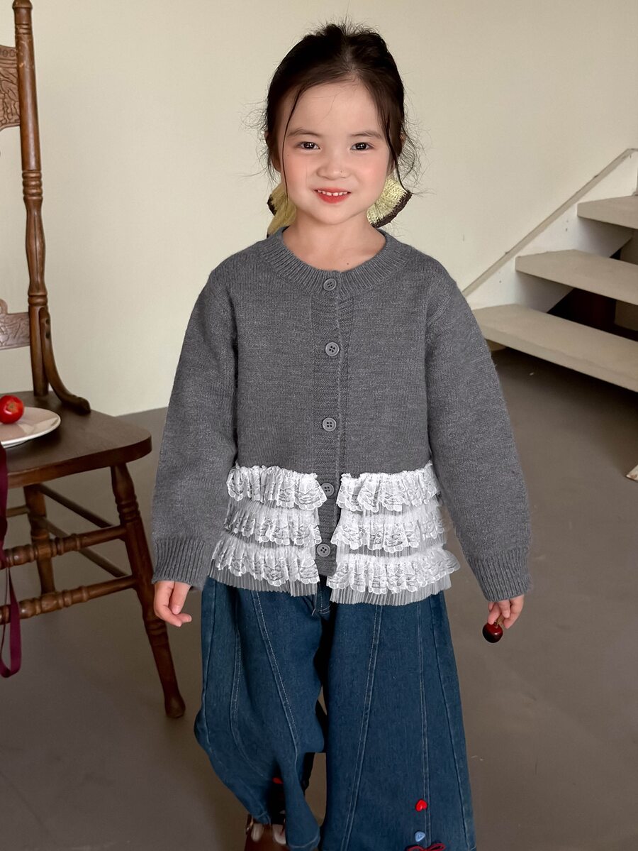 Dazy Kids Women's Round Neck Single-Breasted Lace Mesh Knit Cardigan - Grey - View 1