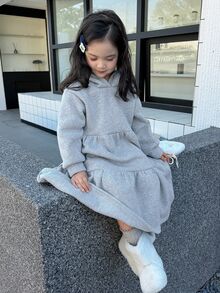 Dazy Kids Young Girl Solid Color Pleated Casual Daily Hooded Dress - Grey - View 4